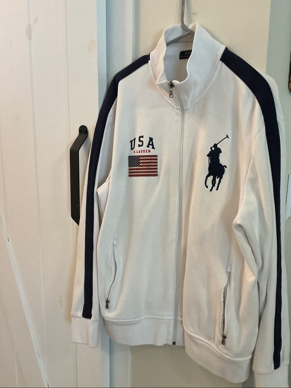 Polo by Ralph Lauren White Track Jacket with Navy Stripes and Polo Logo